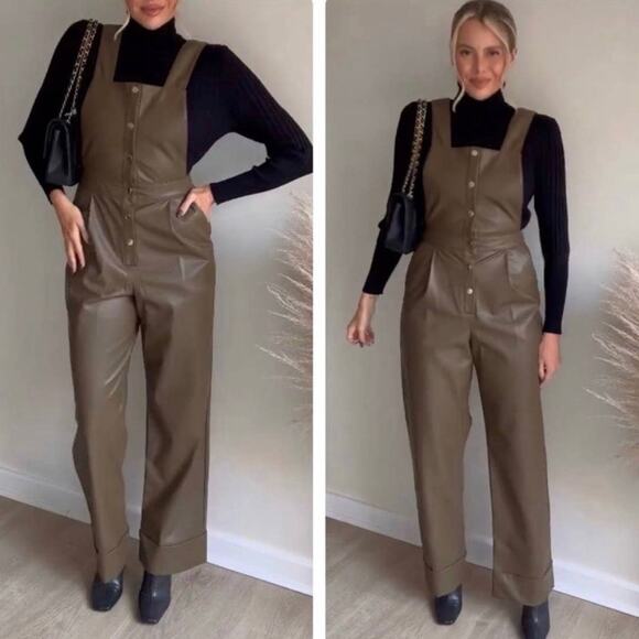 ZARA BLOGGER FAVORITE FAUX LEATHER LONG JUMPSUIT KHAKI - Picture 3 of 12